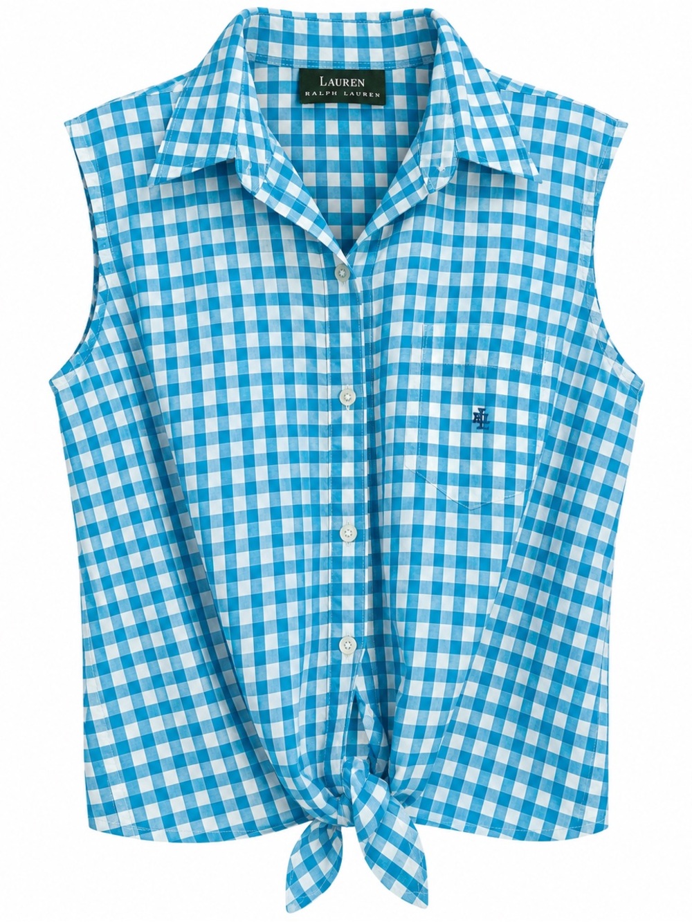Lauren Ralph Lauren Blue Gingham Tie Front Sleeveless Shirt Preppy Cropped Top